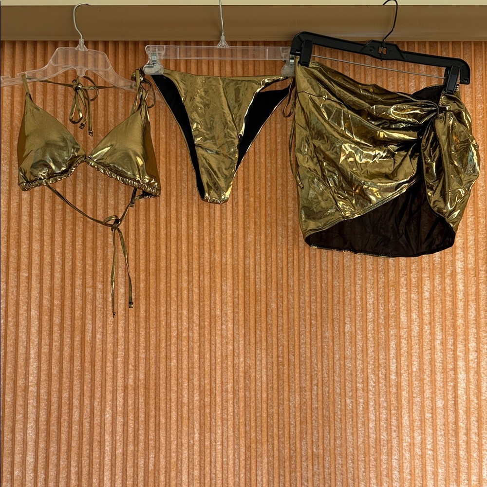 Gold Metallic Bikini Set with Skirt